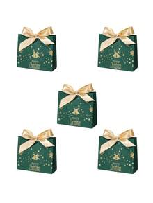 5pcs Merry Christmas Gift Bags With Satin Ribbon Bows, Gold Foil Bells Snowflakes Stars And Reindeer Print, Assorted Color Mini Packaging For Jewelry, Small Presents, Xmas Party Favors, Stocking Fillers And Holiday Gift Exchange - 11.5X4.5X10cm - View 17