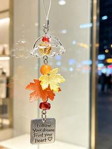 Autumn Maple Leaf Wind Chime Pendant, Acrylic And Metal Beaded Phone Chain Keychain With Inspirational Text Tag, Suitable For Phone Case, Backpack, Handbag, Car Rearview Mirror Hanging Decoration, Autumn Festival Daily Accessory Holiday Decoration Gift - Multicolor - View 6