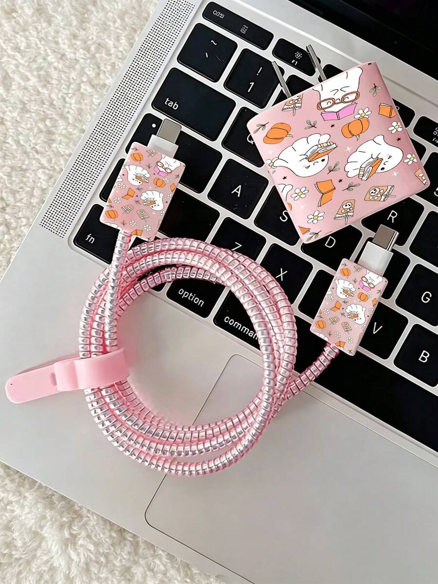 甜美幽靈花卉圖案充電器保護殼 + 1.4M數據線保護套，兼容Apple 20W充電器，極簡Apple充電器保護殼，適用於20W手機15/16 Pro Max充電線保護套，防刮防咬，兼容13/14 Plus/17/16PROMAX，萬聖節禮物 - 粉色 - 查看 1