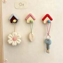 3pcs Creative Home Hooks Strong Adhesive No-Drill Wall Mount, Cute Little House Design Storage Hanging Rack Bedroom Bathroom Organizer, Random Color - View 2