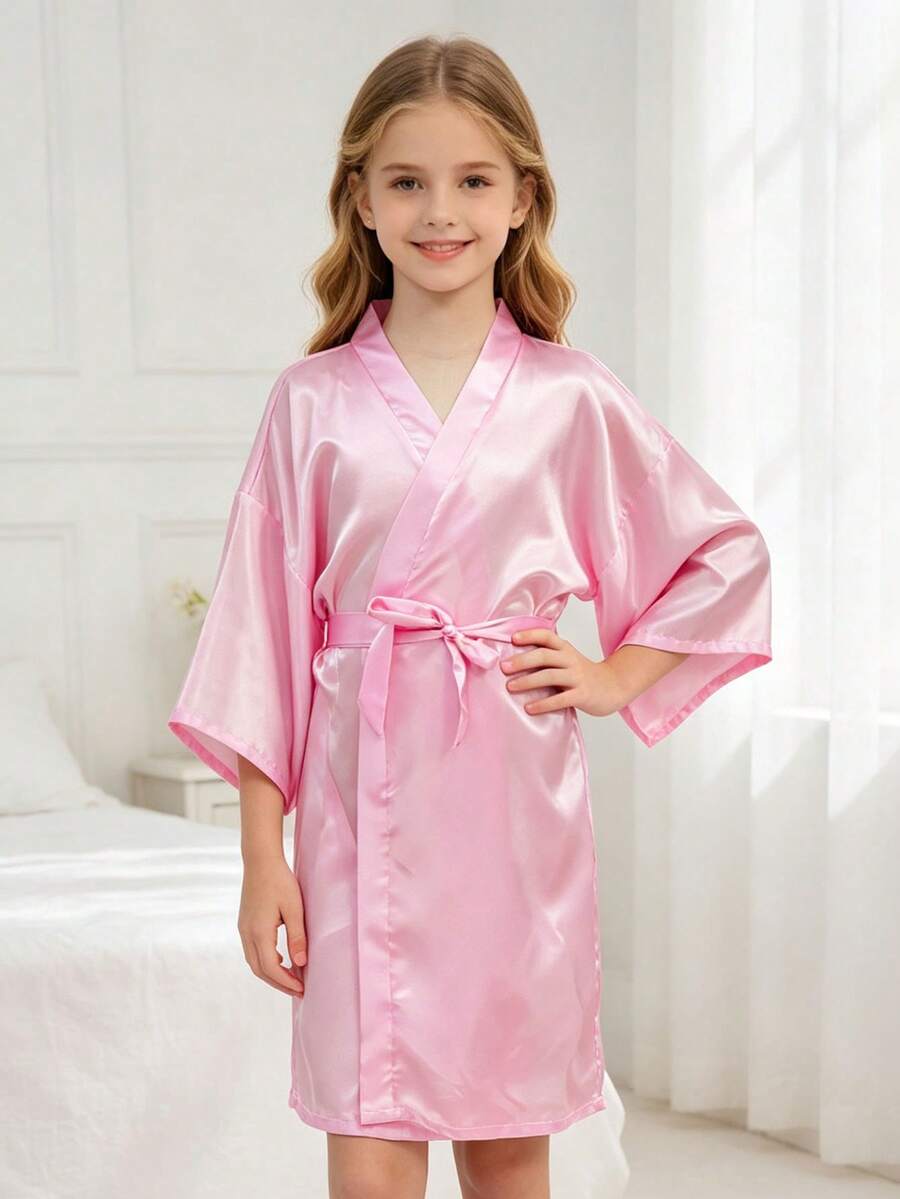 Tween Girl Crossover Short Sleeve Casual Loungewear Robe, Pink