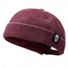 1pc Skull Logo Hat, Washed Distressed Brimless Skull Cap, Solid Color, Suitable For Parties And Outings, Unisex, All Season - A - View 13