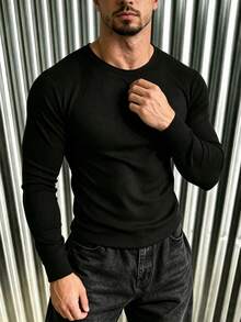 New Men's Casual Classic Ribbed Texture Crew Neck Raglan Sleeve Versatile Long Sleeve T-Shirt - Black - View 4