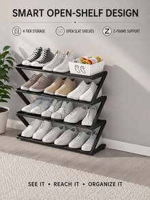 6PCS/1pc Black 4-Tier Freestanding Shoe Rack, Modern Z-Frame Design Space-Saving Open Shoe Storage, 1 Shoe Rack, Suitable For Entryway, Closet, Bedroom, Hallway, Dorm And Small Apartment, Vertical Multi-Layer Shoe Storage, Easy Access Home Storage Solution, Fits Sneakers, Flats, Loafers And Casual Shoes, Daily Use, Back To School, Housewarming And Holiday Home Storage - Multicolor - View 5