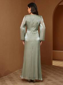 Women's Elegant Green Mermaid Gown, Decorated With Pearls, Long Bishop Sleeves, Ruched Corset, Suitable For Formal Evening Events - Mint Green - View 2