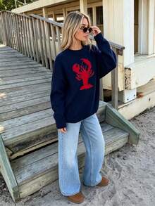 Women's Autumn/Winter Fashion Casual Retro Contrast Color Shrimp Jacquard Knit Pullover Sweater Fall - Navy Blue - View 2