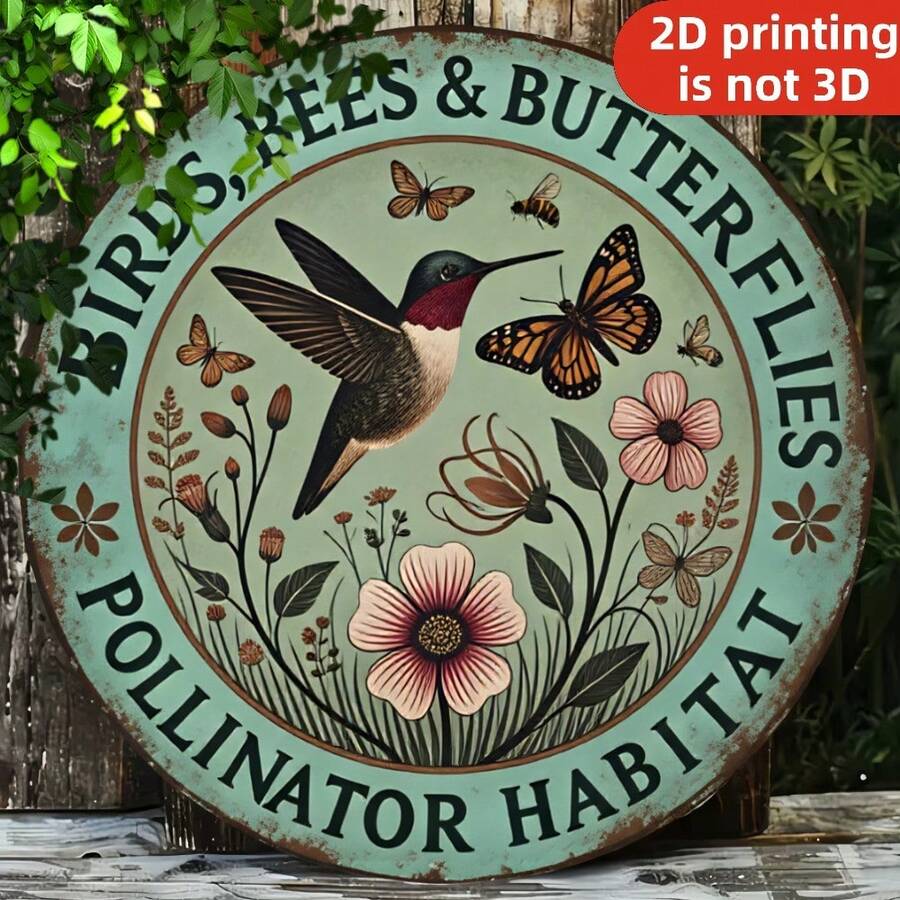 2D Flat, 1pc Vintage 8X8 Inch Rustic Style Round Metal Iron Sign, Bird Bee Butterfly Insect Habitat, Suitable For Garden, Backyard And Outdoor Space, Decorative