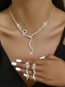 3PCS Full Rhinestone Shiny Snake Element Necklace & Earrings Jewelry Set, Women's Personalized Fashion Vintage Snake Jewelry - Multicolor - View 9