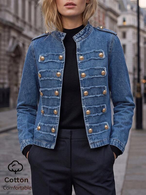 Women's Traceable Cotton Napoleon Long Sleeve Vintage Double-Breasted Denim Jacket Coat Autumn Retro Top Casual