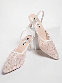 New Chinese Style White High Heel Women's Half-Slip Thin Heel Pointed Toe Lace Embroidered 2-In-1 Sandals - Beige - View 7