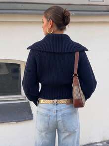 Minimalist New Women's Ribbed Knit High Neck Double Zipper Cardigan Long Sleeve Short Loose Knit Jacket, Casual Daily Street Style Fall - Royal Blue - View 8