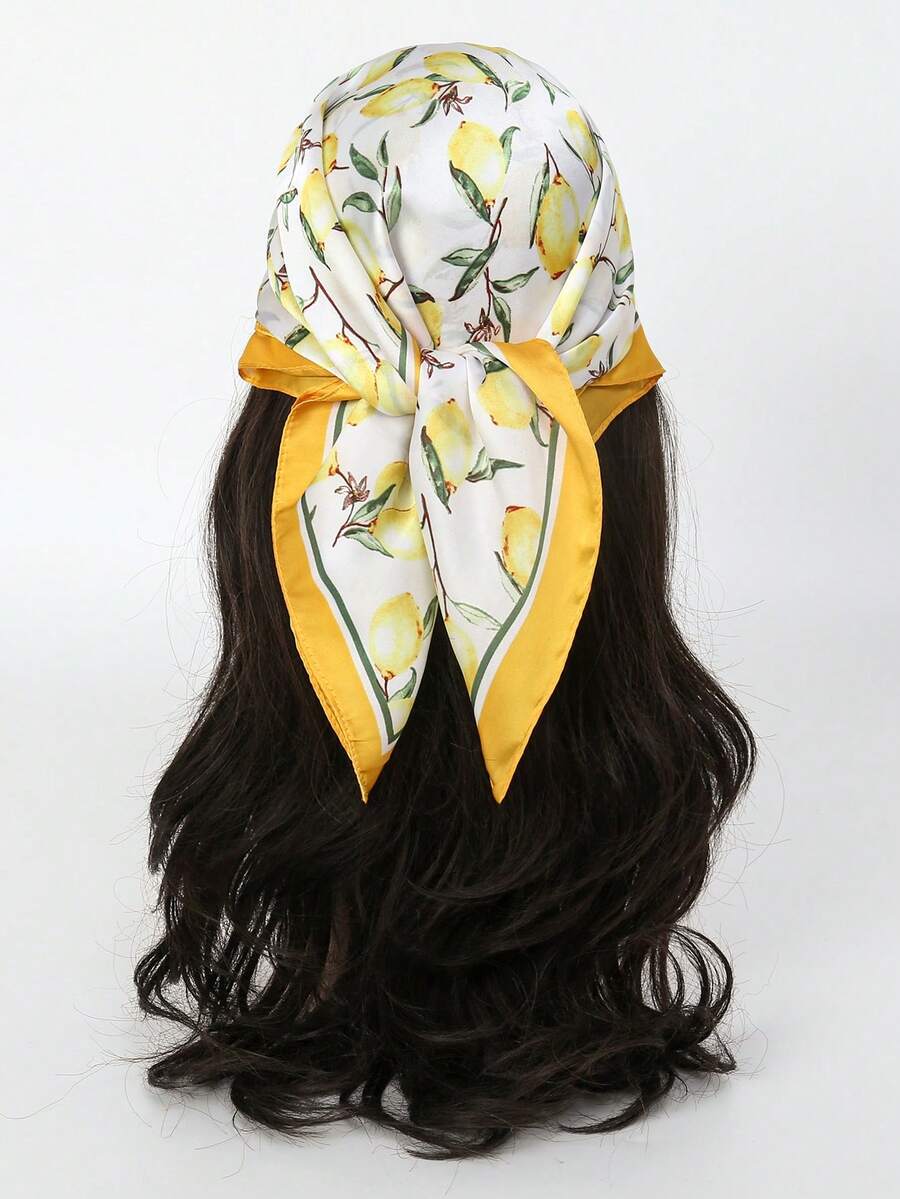 1pc Spring/Summer Beach Accessory New Arrival 70cm Square Silk Scarf, Lemon Print Square Scarf, Suitable For Beach, Travel And Daily Wear - Multicolor - View 1