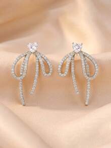 1 Pair French Style Full Rhinestone Bow Earrings, Heart-Shaped Zirconia + Dangle Ribbon Design, Suitable For Women's Party Gift - Silver - View 6