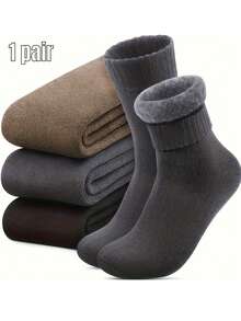 2pcs Men's Thickened Terry Mid-Calf Socks, Fleece Lined Cotton Socks For Autumn/Winter, Warm And Cold-Resistant - Multicolor - View 1