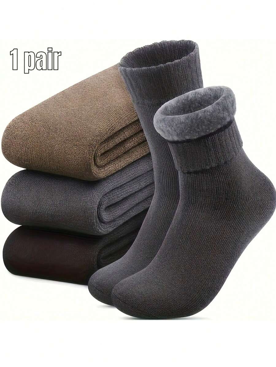 2pcs Men's Thickened Terry Mid-Calf Socks, Fleece Lined Cotton Socks For Autumn/Winter, Warm And Cold-Resistant - Multicolor - View 1
