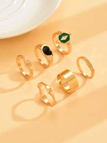 6pcs Emerald Green Heart Geometric Metallic Stackable Rings For Women - Golden C - View 4