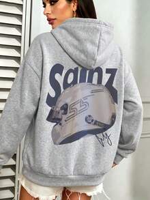 女款休閒賽車主題印花長袖抽繩口袋連帽衫，F1賽車迷必備，秋季常規款 - 灰色 - 查看 4
