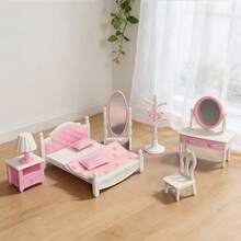 Set Model Furnitur Kamar Tidur Mini Warna Pink & Putih, Termasuk Tempat Tidur Mini, Meja Rias dengan Cermin, Gantungan Baju, Kursi, Meja Nakas, Lampu Meja, Cermin Panjang, Koleksi Hiasan Dekoratif Tampilan Pemandangan Lanskap 3D - MultiWarna - View 4