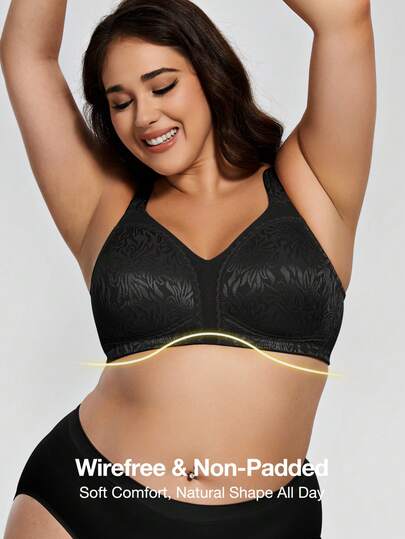 Deyllo Plus Size Women Shaping Bra, Full Coverage, Wireless, Unpadded, Wide Straps, Lace Trim, Effectively Minimizes Bust, Soft & Comfortable, Suitable For Everyday Wear