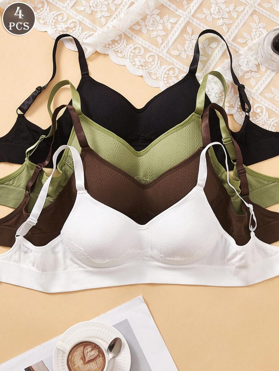 4PCS Women Seamless Solid Lace Wireless Bras, Adjustable Straps, 3D Cups, Soft Comfy Daily & Light Sports Intimates - Multicolor - View 1