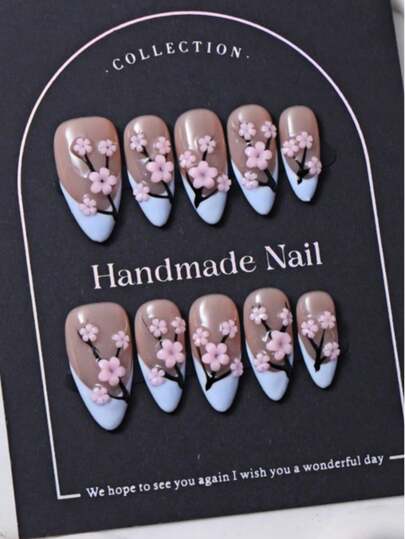 10pcs/Set Handmade Press On Almond Nail Tips In Y2K Pink, Featuring French & 3D Hand Painted Flowers And Hand Drawn Foliage Designs. Comes With 1 Piece Of Jelly Gel And 1 Nail File. Ideal For Daily Use And Party Nail Care.