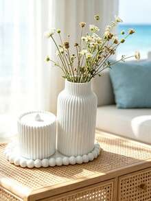 Set Aksesori Kamar Mandi Garis Vertikal Putih 3 Buah - Baki Rias Tepi Mutiara + Vas Kecil Bergaris + Wadah Penyimpanan Cotton Bud dengan Tutup, Set Aksesori Kamar Mandi 3-in-1, Set Dekorasi Meja Rias, Set Baki, Vas, dan Wadah Penyimpanan - ABC - View 6