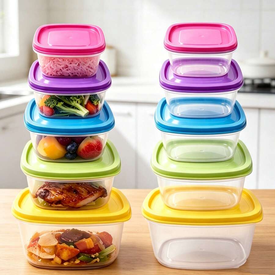 10Pcs PP Food Storage Containers With Colorful PP Lids, 5 Sizes 67oz/39oz/23oz/13oz/7.5oz Airtight Stackable Meal Prep Box For Vegetables Fruit Leftovers Storage - View 1
