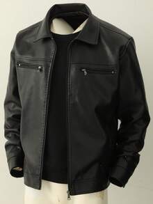 Men's Black PU Leather Jacket With Turn-Down Collar, Dual Zipper Chest Pockets, Short Length, Spring/Autumn Vintage Workwear Style Faux Leather Jacket, Casual Business Commute Top - Black - View 2