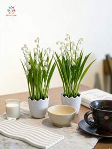 2 Buah Tanaman Pot Bunga Lily of the Valley Buatan, Tanaman Hias Miniatur Plastik Realistis, Cocok untuk Ruang Tamu, Meja Kantor, Ambang Jendela, Dekorasi Rumah, Bebas Perawatan - Hijau - View 3