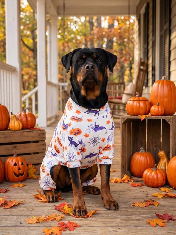 1pc Halloween Dog Anti-Shedding Pajamas, Warm High Elasticity Full Coverage Pet , Anti-Licking Anti-Insect Protection , Suitable For Small Medium Large Dogs, Halloween Full Print Dog Clothes, Cute Cartoon Halloween Ghost Cat Bat Pattern