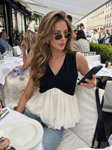 Women's V-Neck Color Block Pleated Casual Versatile Daily Wear Top Black Summer - Black - View 1
