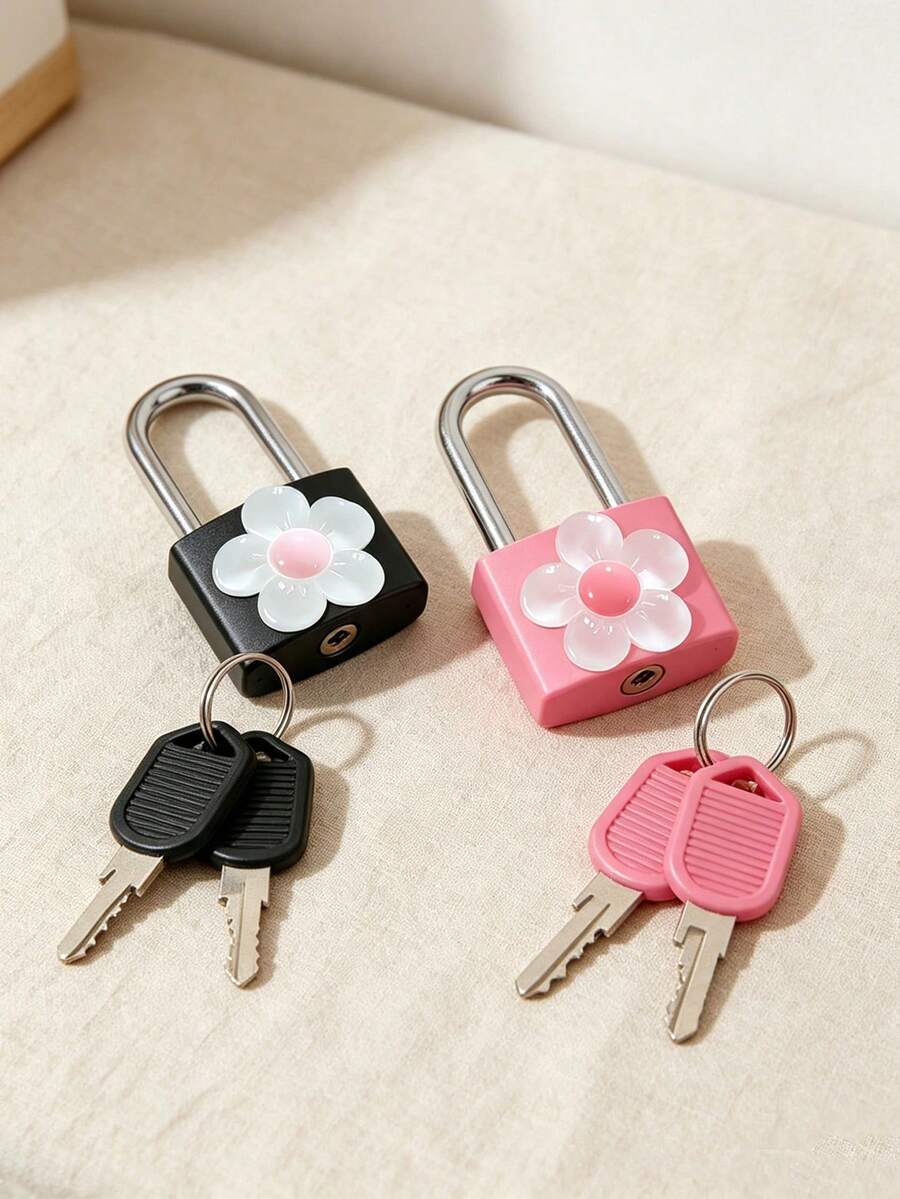 Small Luggage Padlock, Metal Key Padlock, Metal Mini Padlock With Cute Transparent Flower Decoration, 2 Keys Included, Small Combination Lock, No Assembly Required, Suitable For Luggage, Pencil Case, Backpack, Travel Accessories, School Locker, Sports Locker, Fence, Toolbox, Perfect For Graduation Season, Back To School, Teacher's Day Gift, Travel Accessory - Multicolor - View 1
