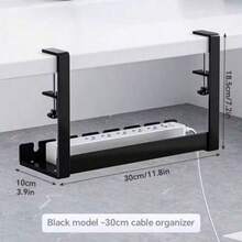 Drill-Free Desktop/Under-Desk Cable Management Tray, Home Storage Organizer Rack, Suitable For Organizing Cables And Power Strips, Comes With Cable Ties And Mounting Clips, Wall-Mounted Hidden Cable Management Tray, Adjustable Length - Black - View 11