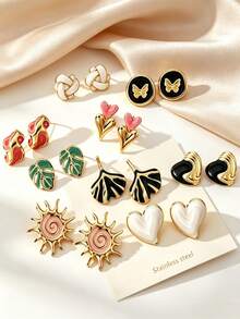 1 par / 7 pares de pendientes de botón de acero inoxidable 304 esmaltado, combinación de pendientes dorados con múltiples estilos de corazón, hoja y mariposa, joyería hipoalergénica, regalo adecuado para mujeres - Multicolor - Ver 1