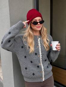 Women's Polka Dot Lace Trim Cardigan, Comfortable Button Front Top For Autumn/Winter, Suitable For Halloween, Thanksgiving, Christmas Outfits, Y2K Style - Grey - View 3