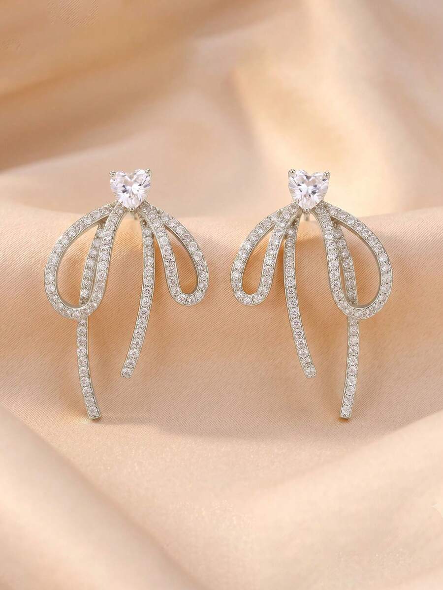 1 Pair French Style Full Rhinestone Bow Earrings, Heart-Shaped Zirconia + Dangle Ribbon Design, Suitable For Women's Party Gift - Silver - View 1