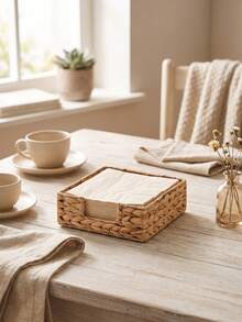 1pc Woven Water Hyacinth Napkin Storage Basket, Square Rattan Woven Tissue Organizer Box, Suitable For Dining Table Countertop, Decorative Handmade Woven Napkin Tray, Suitable For Kitchen, Dining Room, Coffee Table, Home Desktop Tissue Storage Basket, Suitable For Home Party Use - Brown - View 3