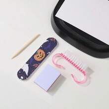 5pcs Halloween Nail Art Tool Set, Includes Nail File, Cuticle Pusher, Cleaning Brush, Nail Cotton Pads, Portable Nail Art Accessories Set, Pumpkin Ghost Print Packaging Bag, Suitable For Nail Stickers - Multicolor - View 5