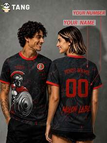 Greek Spartan Warrior Style Customized Men's Soccer Jersey & Customizable Name & Number & Round Neck Lightweight Soccer Sports Top & Suitable For Soccer Matches, Training, Daily Wear, Gifts - Black - View 4