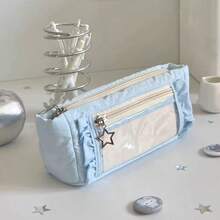 Cute Plaid Ruffled Pencil Case, Star Pendant Double Zipper Stationery Storage Bag, Large Capacity Transparent Window Pencil Pouch, Suitable For Back To School, Holidays, Travel, Soft Fabric Portable Makeup Organizer, Student Gift, Back To School Supplies - A - View 11