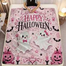 1pc Pink Happy Halloween Flannel Throw Blanket, Cute Bow Ghost Pumpkin Bat Spider Web Pattern, Soft Polyester Material, Suitable For Sofa, Bedroom And Holiday Home Decor Pastel Style Kawaii Halloween Blanket, Size 50*60in - Multicolor - View 8
