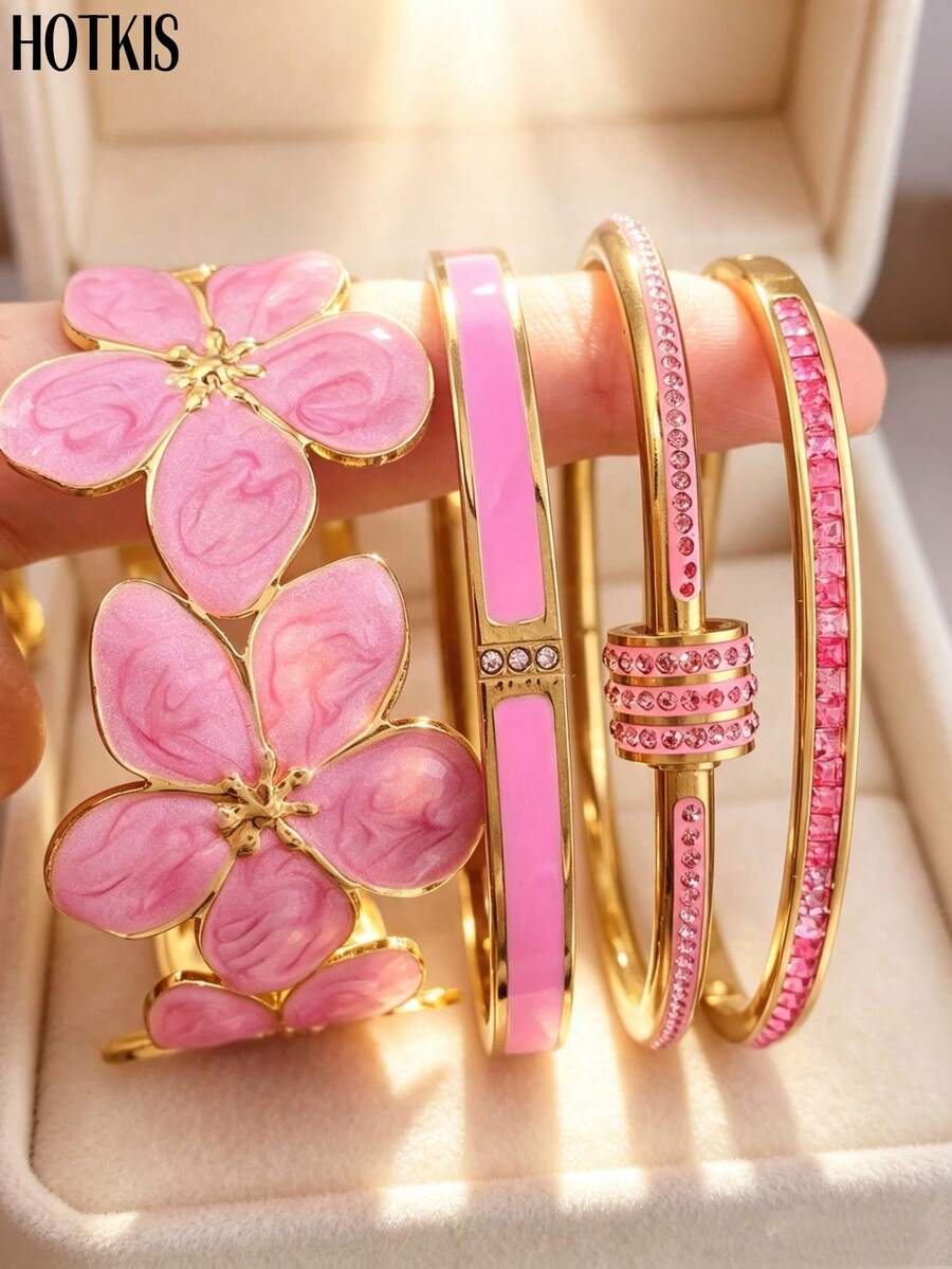 4pcs/1pc Enamel Floral Bracelet Set, Gold Stainless Steel Transparent Crystal Stackable Bracelet, Luxury Women's Jewelry Gift - Pink - View 1