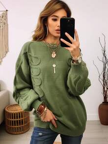 European And American Style Elegant Casual College Women's Plus Size Solid Color Knit Sweater With Geometric Pattern, Autumn/Winter Pullover Fall - Green - View 3