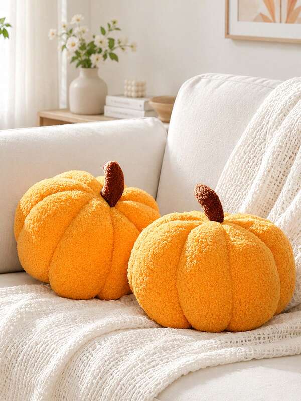 1pc Boucle Textured Plush Pumpkin Decor Set, Soft Filled Pumpkin Ornament, Autumn Harvest Thanksgiving Halloween Decoration, Farmhouse Style Home Decor, Suitable For Living Room, Bedroom, Tabletop, Fireplace Mantel, Shelf, Room Decoration