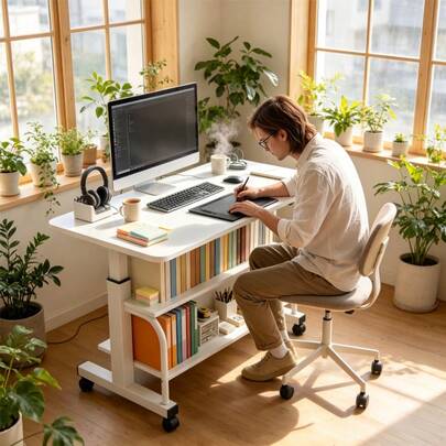 Adjustable Height Mobile Laptop Desk For Office Use With Side-Tilting Tabletop, Double Shelves For Bedside, Dormitory, And Office, Sturdy Steel Frame And Modern End, Space-Saving Design