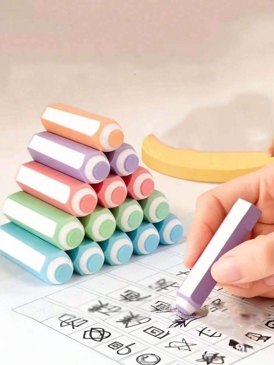 6pcs Random Color Pencil‑Shaped Erasers, Cute Hexagonal Strip Eraser, Soft Clean Erasing No Residue, Durable Rubber Eraser For Homework Drawing, Portable Student School Office Stationery Supplies - Pen-shaped Eraser - View 1