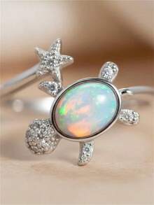 Fantasy Sparkling Opal Turtle & Star Separable Ring, Silver Plated Rhinestone Zirconia Open Adjustable Finger Ring, Minimalist Ocean & Sky Theme Jewelry - White - View 2
