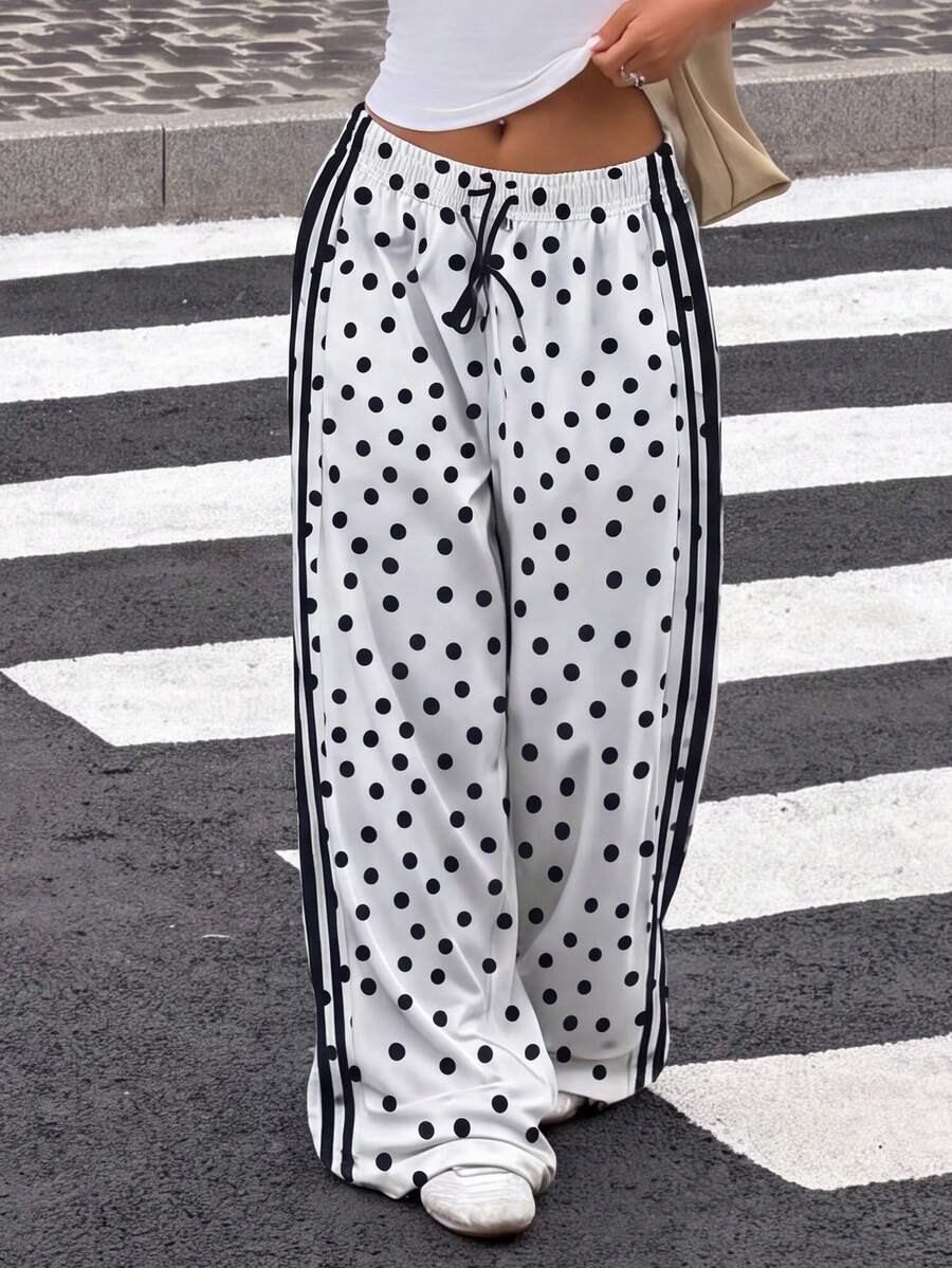 Women's Autumn Wide Leg Straight Loose Polka Dot Print Long Pants, Daily Business Casual Commute Date Work Wear With Pockets - White - View 1