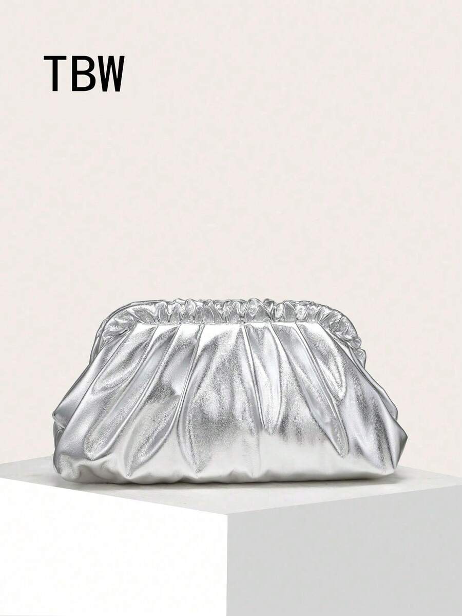 Women's Solid Color PU Pleated Cloud Bag, Retro Style, Large Capacity, Fashionable, Suitable For Outings And Shopping - Silver - View 1