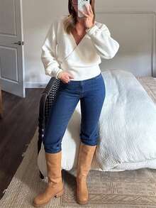 Women's Fashion White Knitted Sweater, Regular Length Long Sleeve Pullover, Slightly Elastic, Suitable For Spring And Autumn Wear. - White - View 6